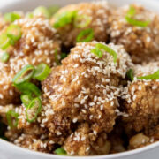 Air fryer cauliflower with teriyaki sauce and sesame seeds.