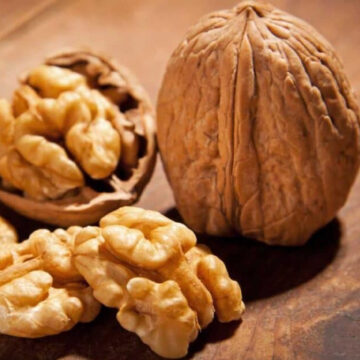Shelled and unshelled walnuts.