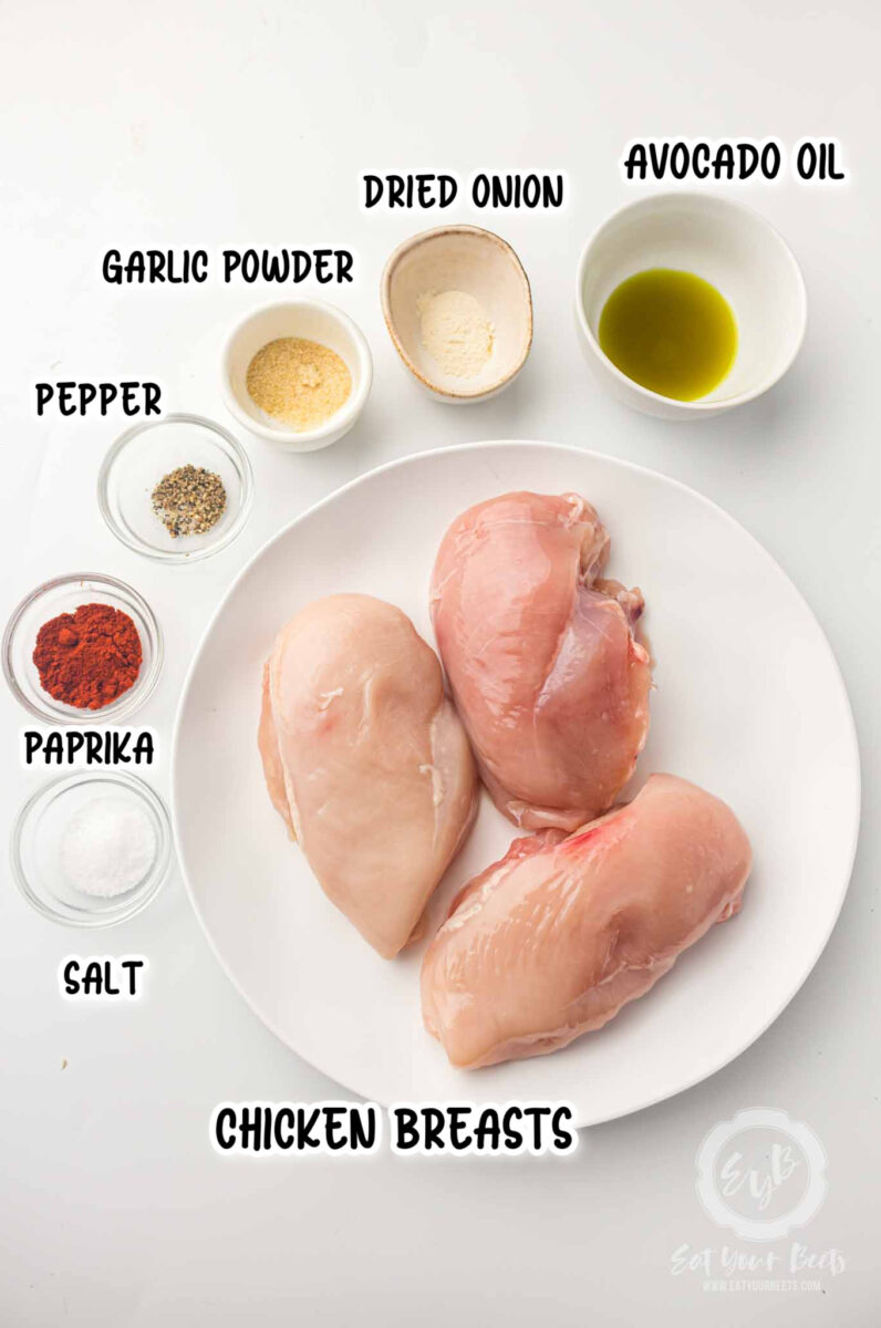 Ingredients for thin slice chicken, oil, onion powder, garlic powder, pepper, paprika, salt and chicken breasts.