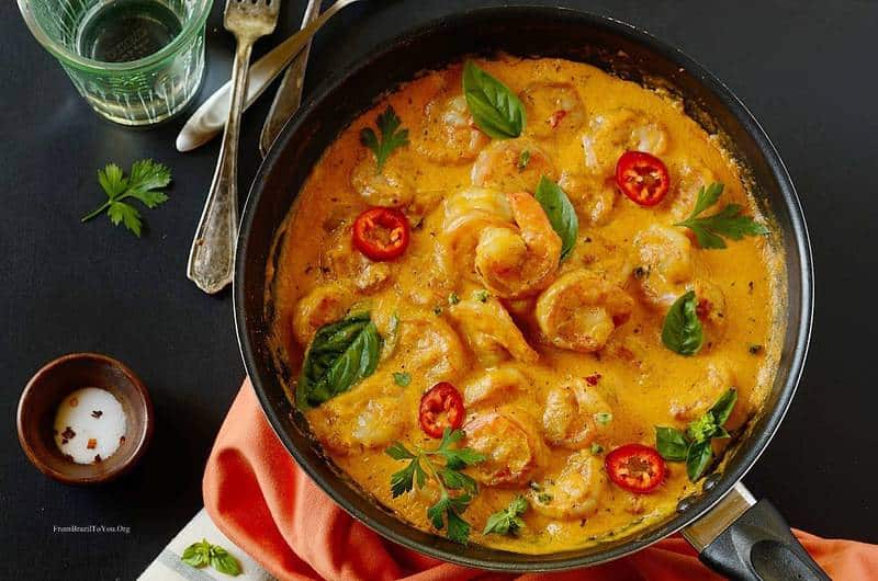 Shrimp cooked in coconut sauce.