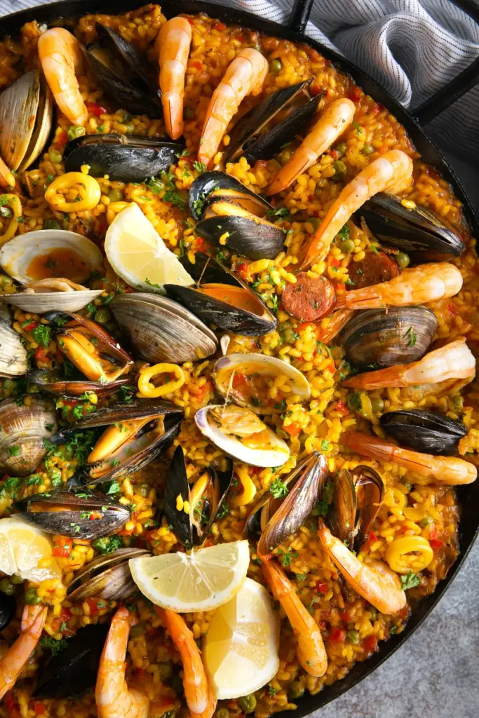 Shrimp paella ready to be served.