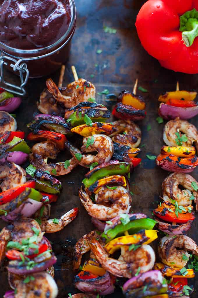 Shrimp and veggie kabobs.