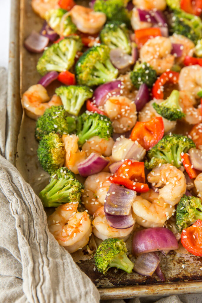 Sheet pan shrimp dish.