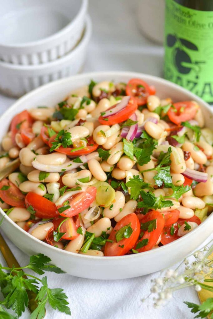 Tuscan cannellini bean salad in a bowl.