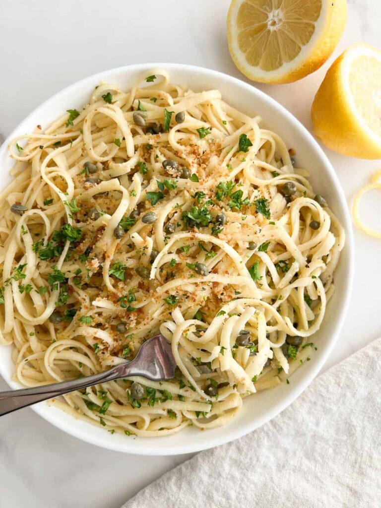 Lemon caper pasta in a bowl.