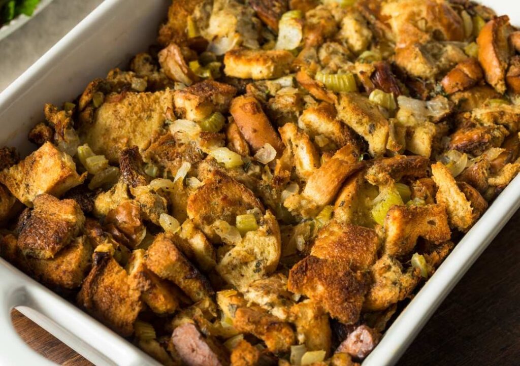 Can you freeze stuffing? a bowl of stuffing for thanksgiving.