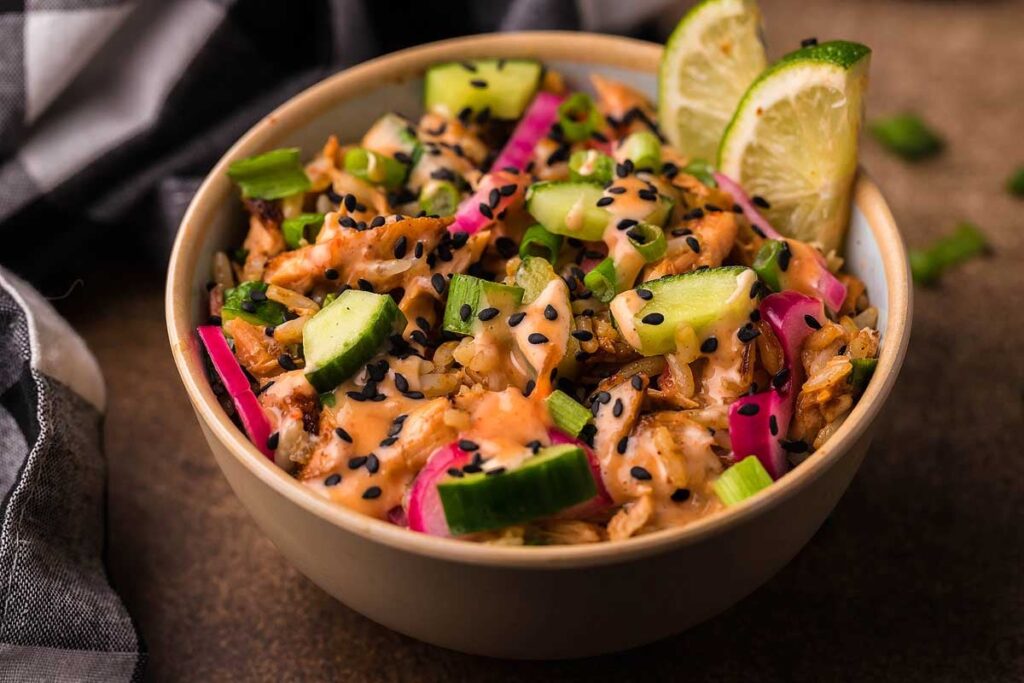 Salmon rice in a bowl.