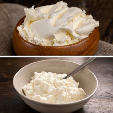 A bowl of cottage cheese and a bowl of cream cheese.