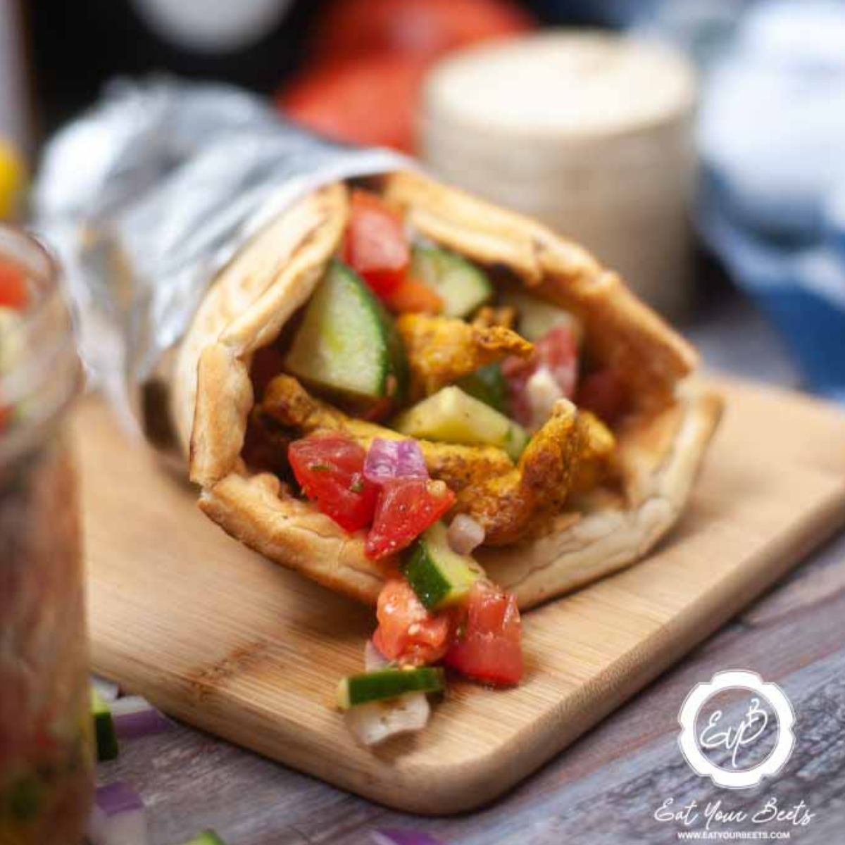 Air Fryer Chicken Shawarma wrapped in foil. 