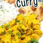 Air fried chicken curry served with rice on a plate.