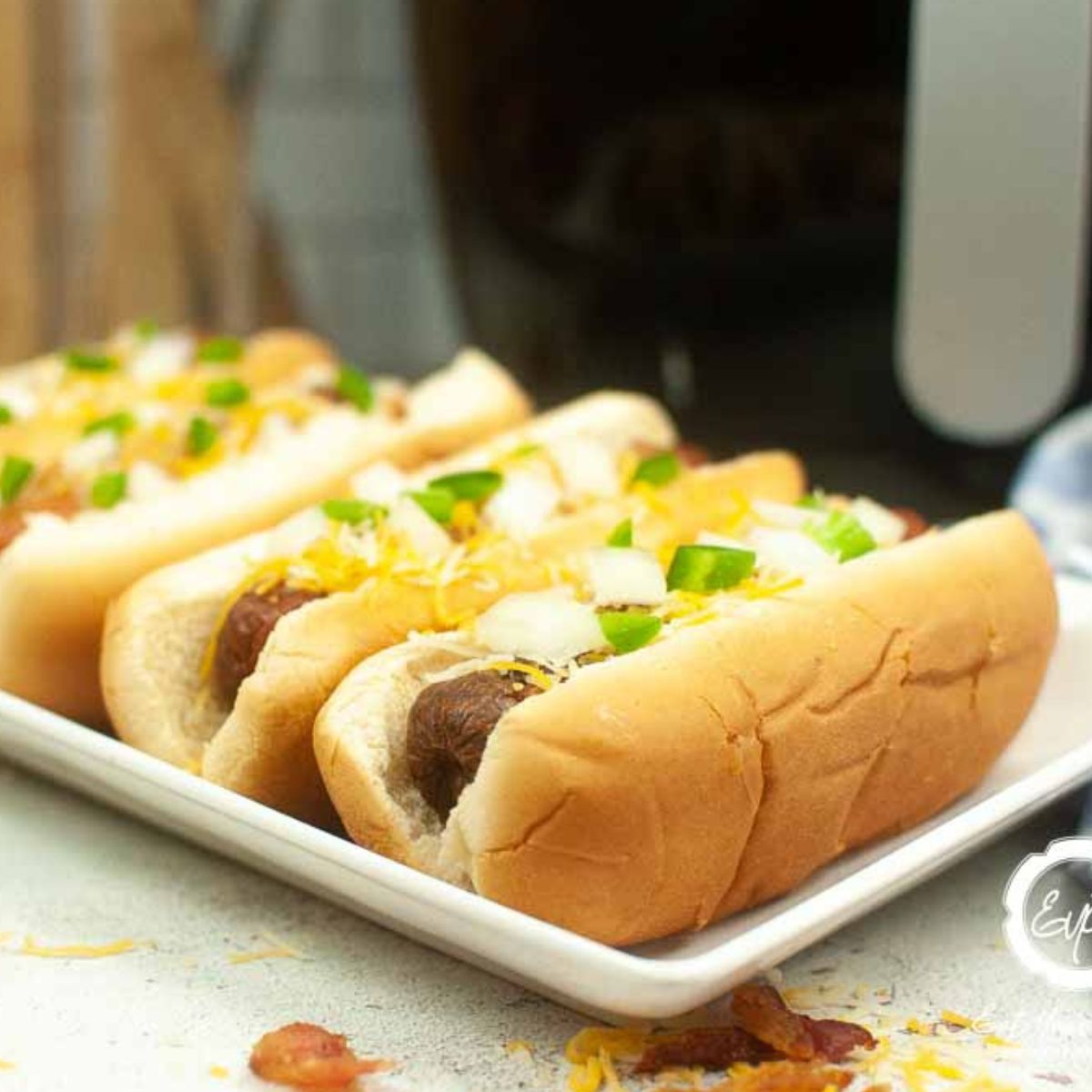 Bacon Wrapped Air Fryer Hot Dogs.