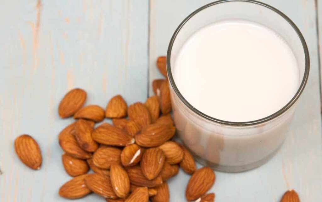 Almond milk in a glass.