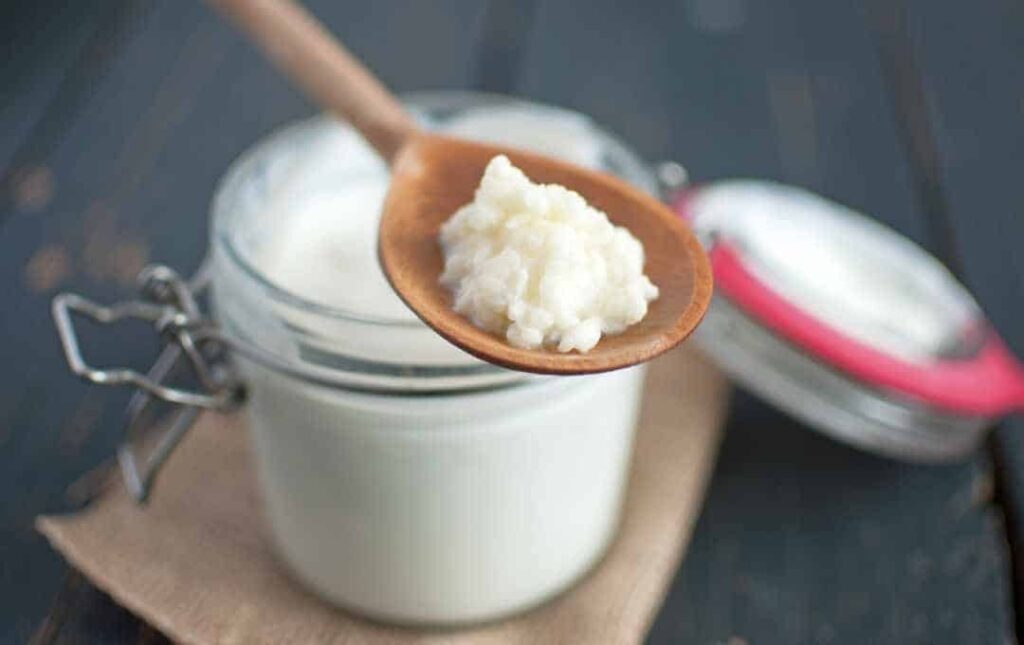 Kefir cheese on wooden spoon.