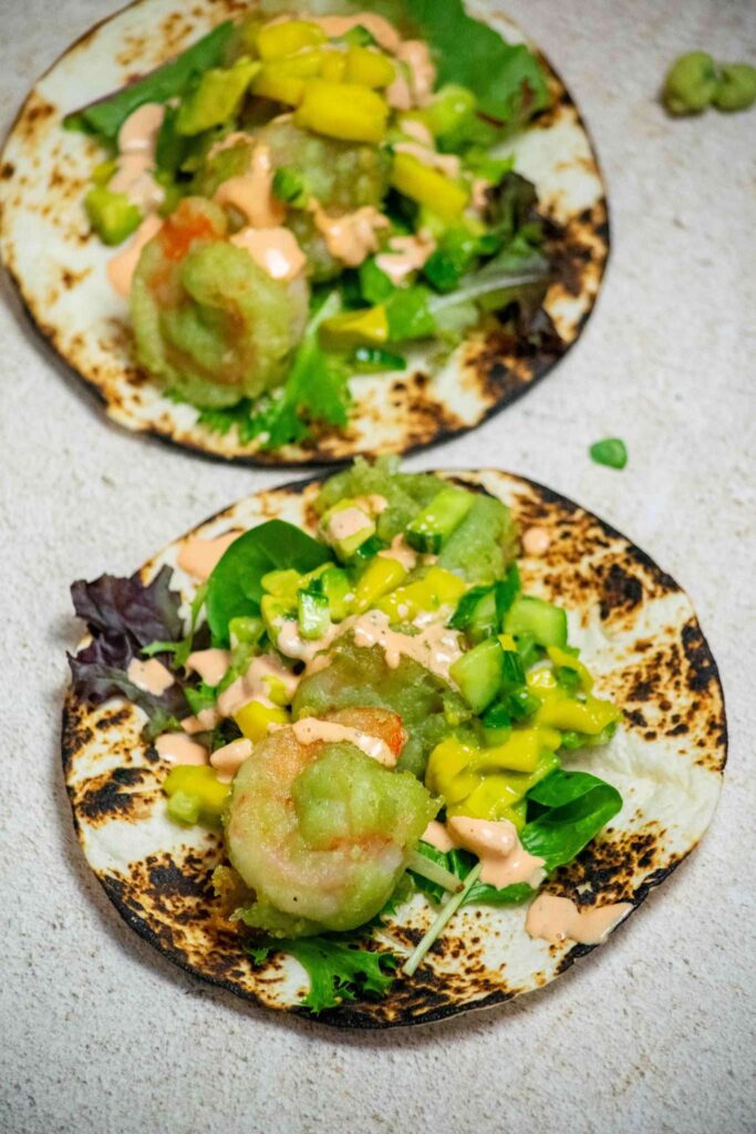 Wasabi fried shrimp tacos.
