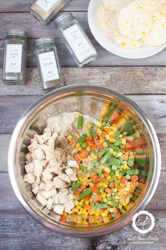chicken pot pie mixture in bowl.