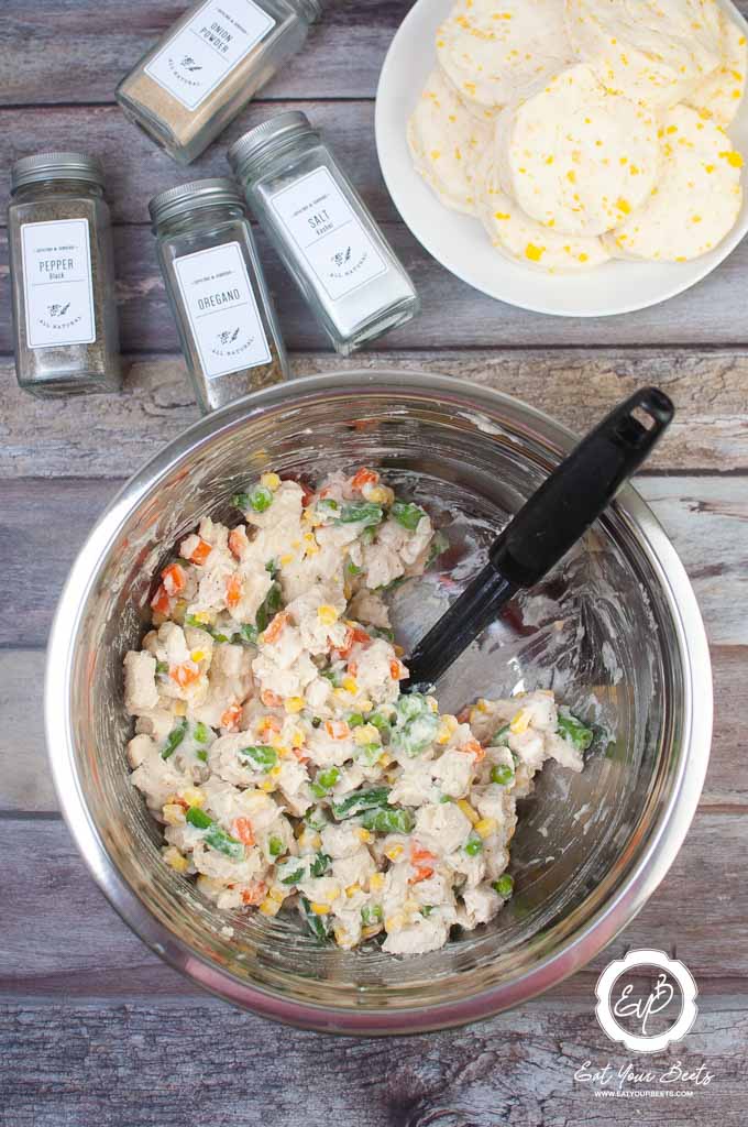 chicken pot pie mixture in bowl.