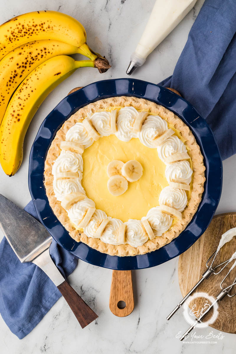 Old fashioned banana cream pie ready to serve.