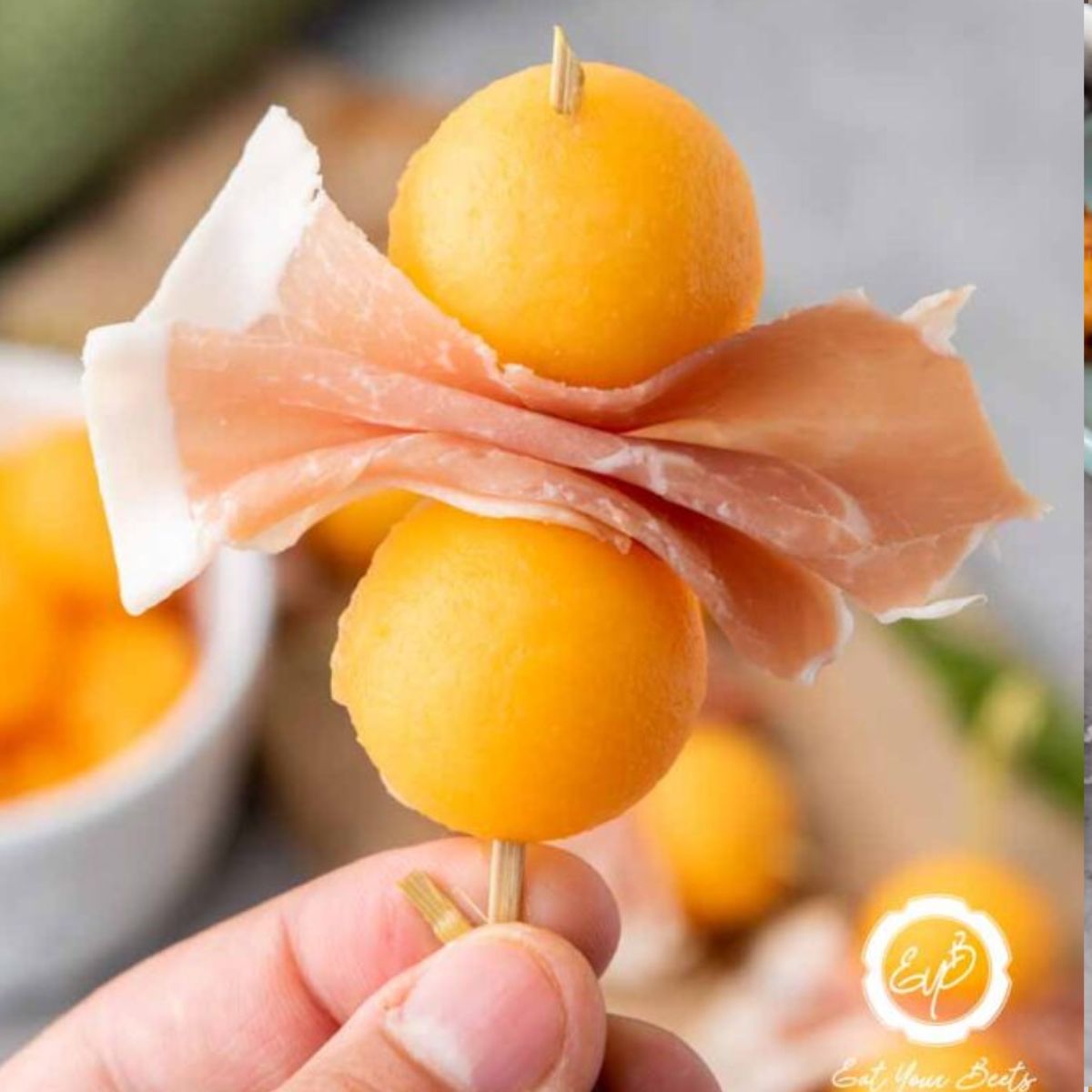 Cantaloupe Melon And Prosciutto Skewers.