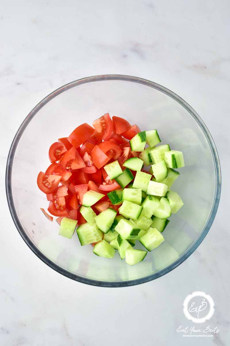 Chopped cucumber and tomatoes.