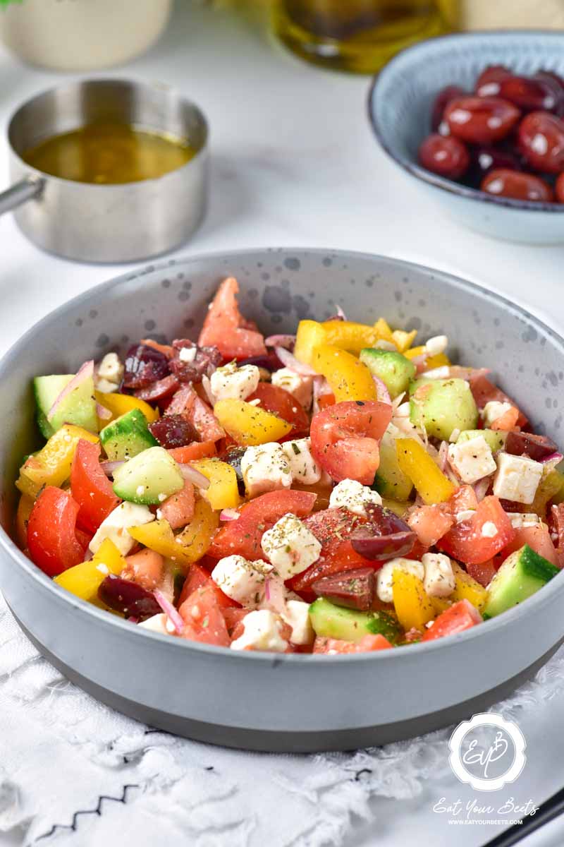 Greek salad in a bowl.