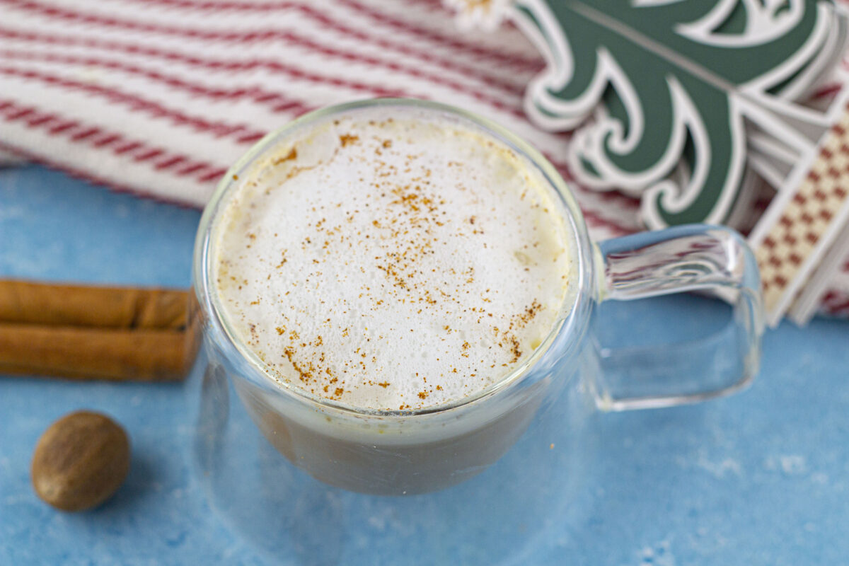 Nutmeg latte in a cup.