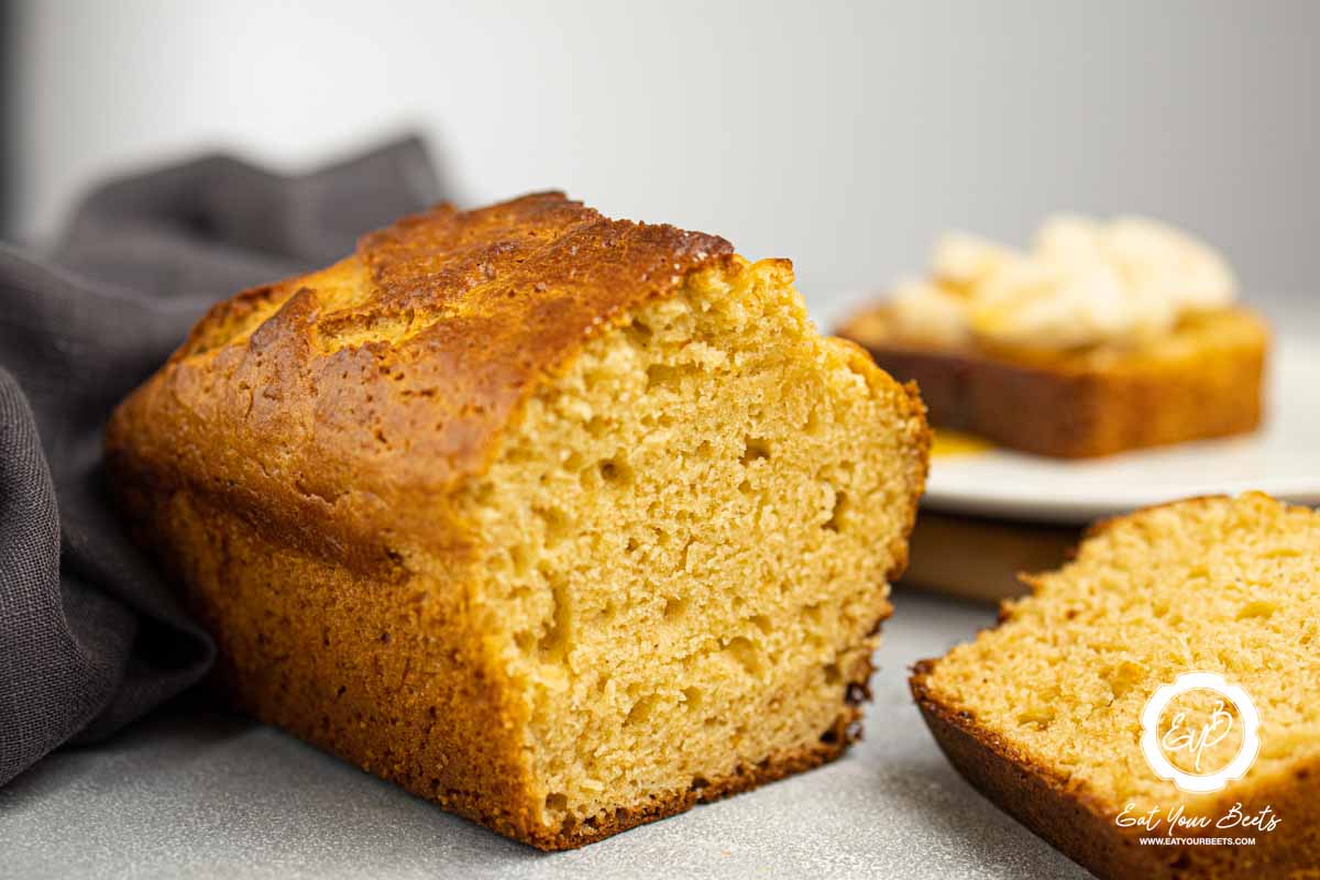 Sliced loaf of protein cake.