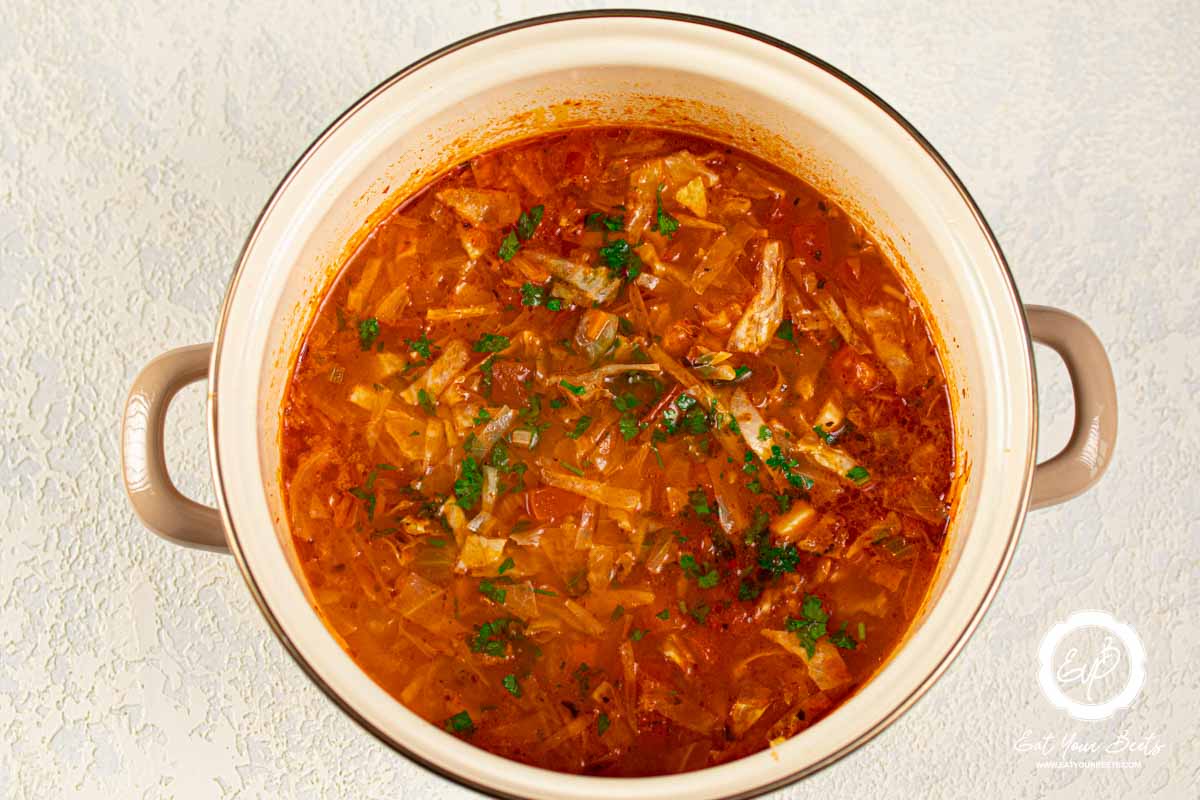 Soup made with cabbage.