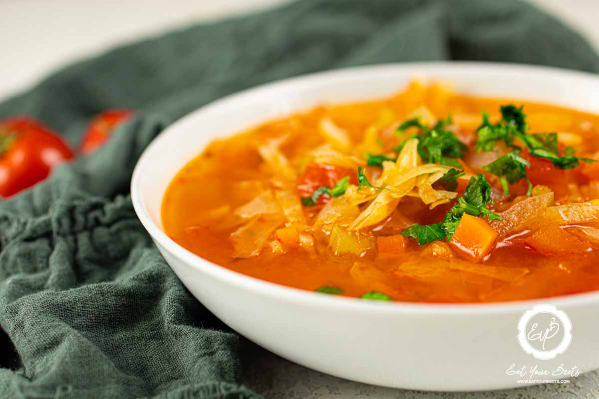 A bowl of homemade cabbage soup.