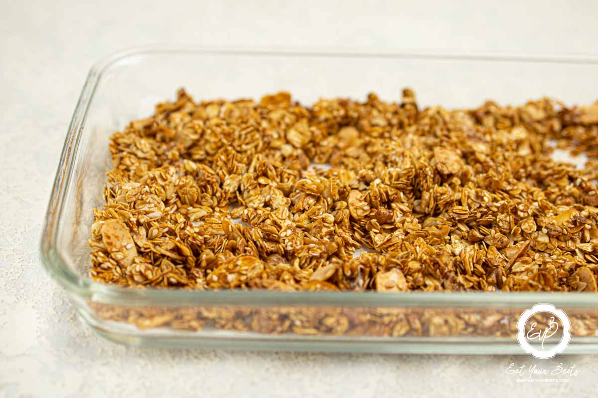 Oats and honey mixture in a dish.