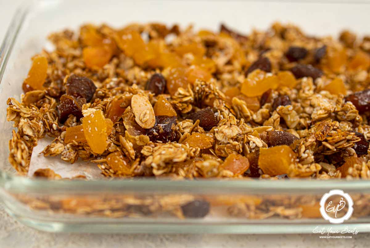 Granola mixture in a dish.