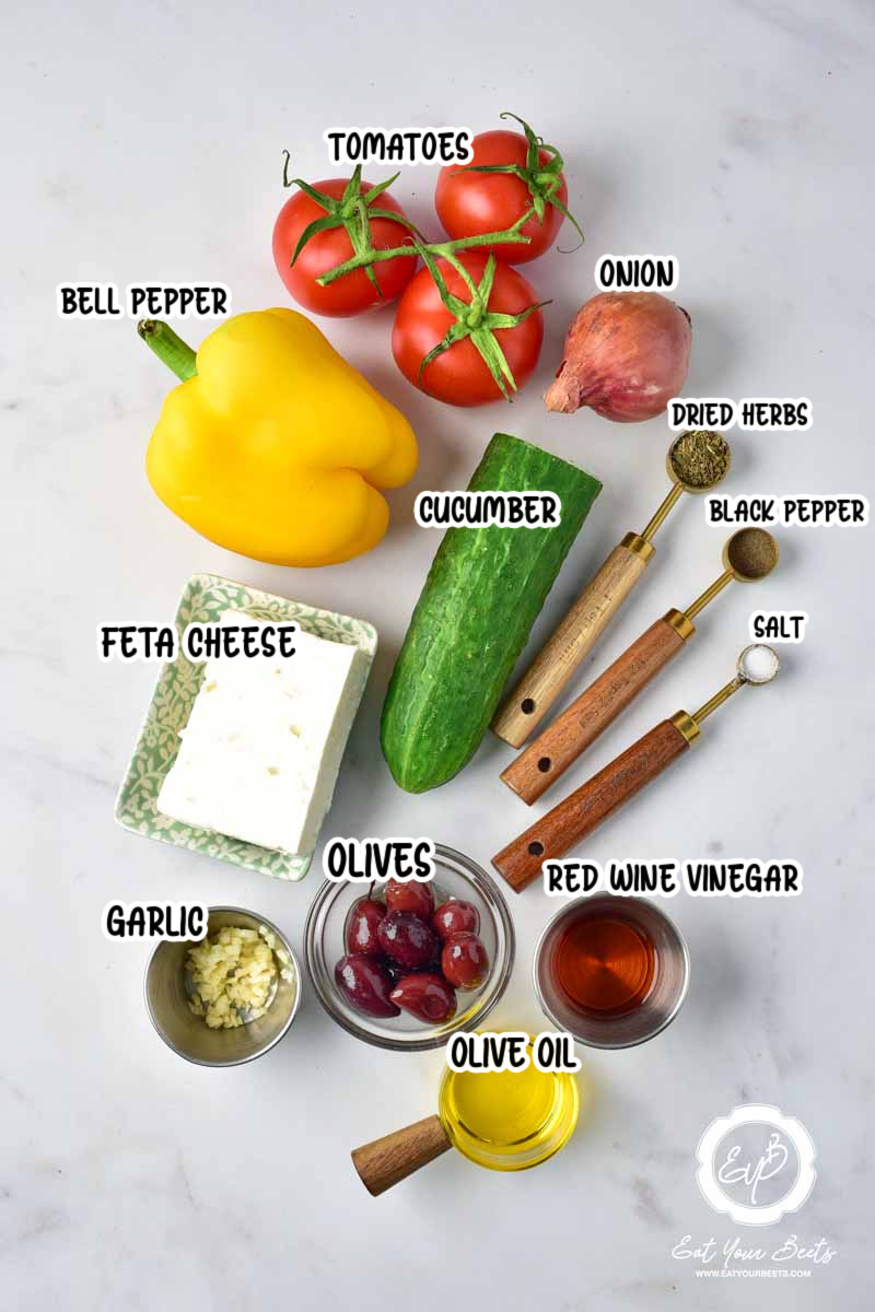Ingredients to make Greek salad.