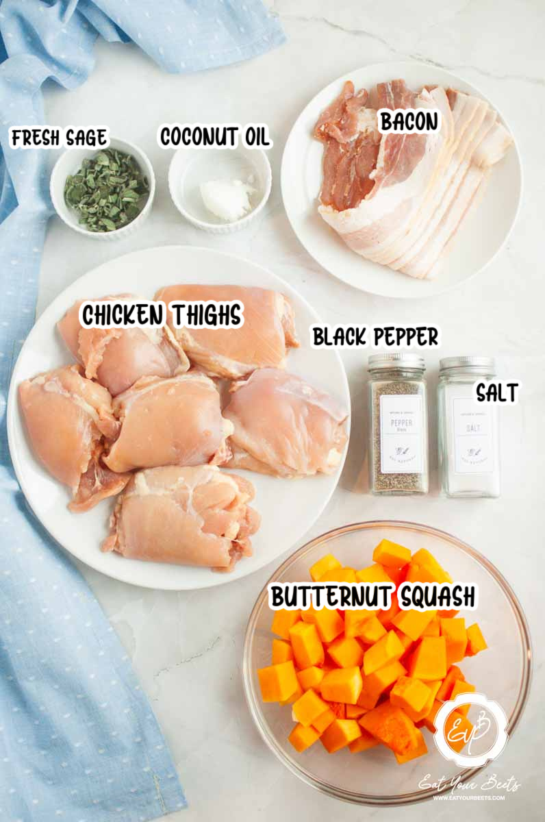 Ingredients to make chicken thighs with butternut squash.