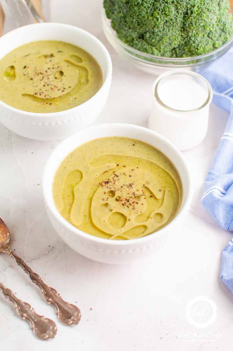 Dairy free creamy broccoli soup in bowl.