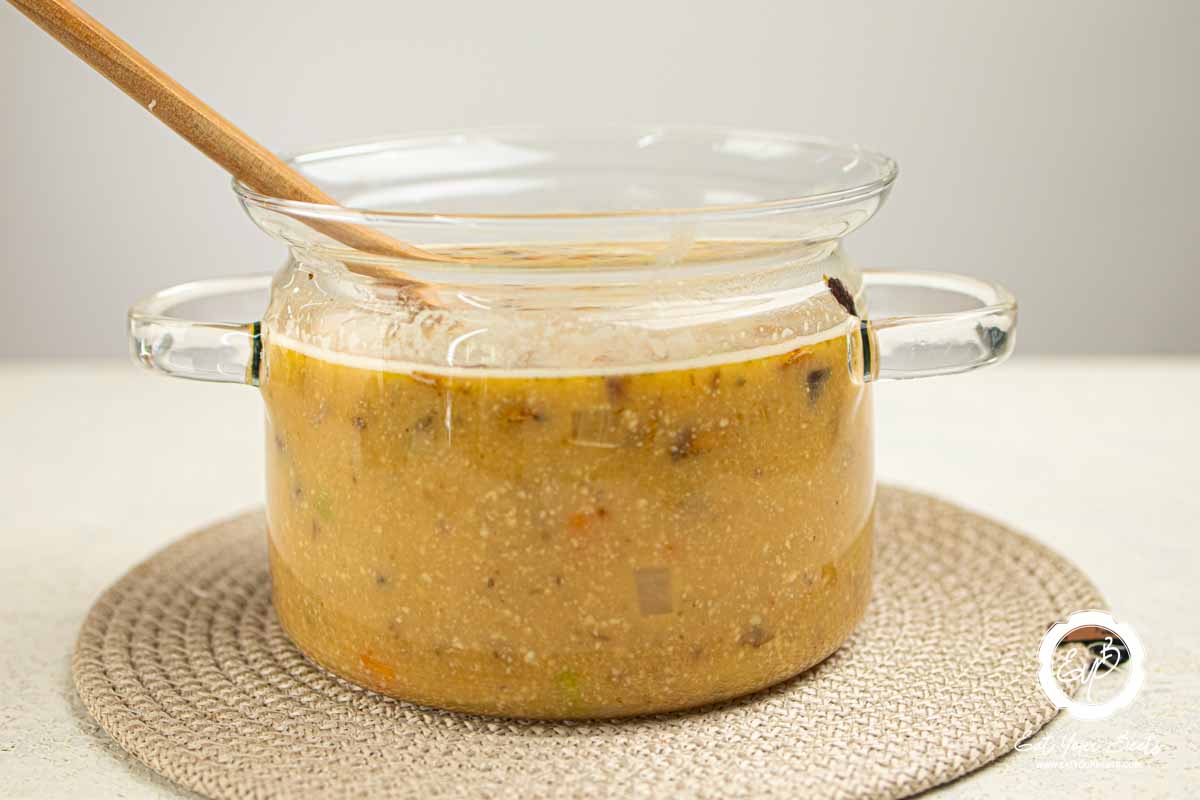 Blended cooked veggies in broth.