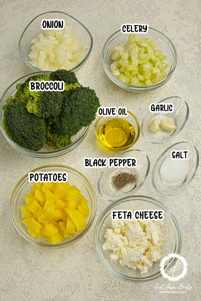 Ingredients to make broccoli soup with feta cheese.