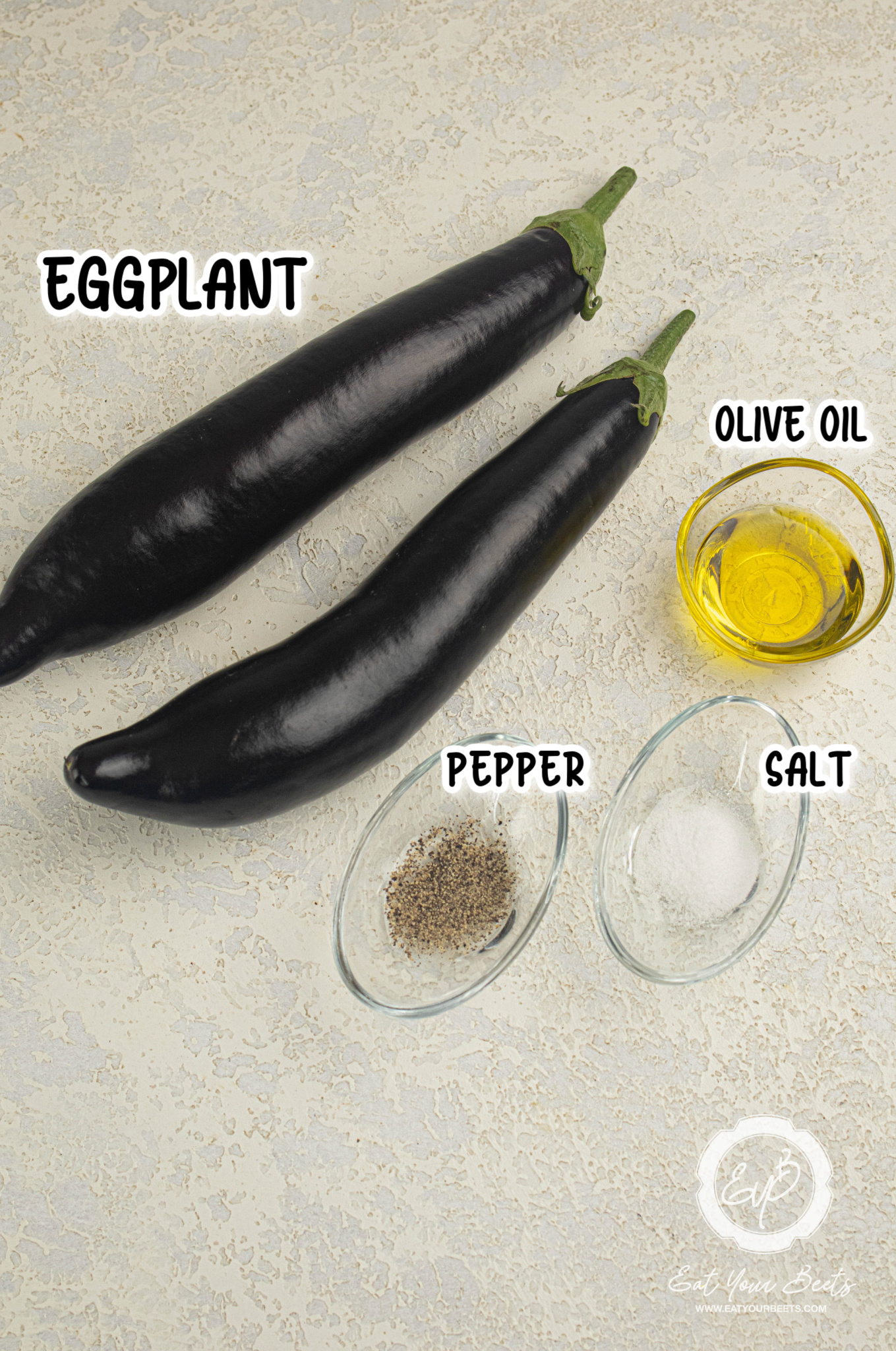 ingredients for air fryer egg plant, olive oil, salt, pepper. eggplant.