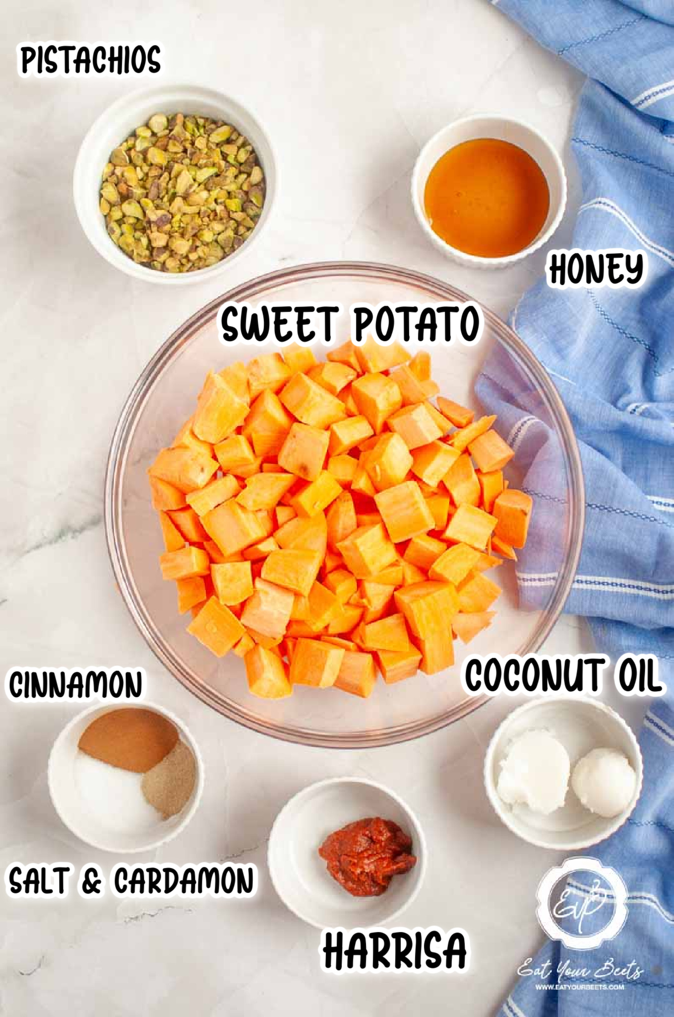 Harrisa sweet potato ingredients, honey, sweet potato, pistachios, cinnamon, cardamon, coconut oil.