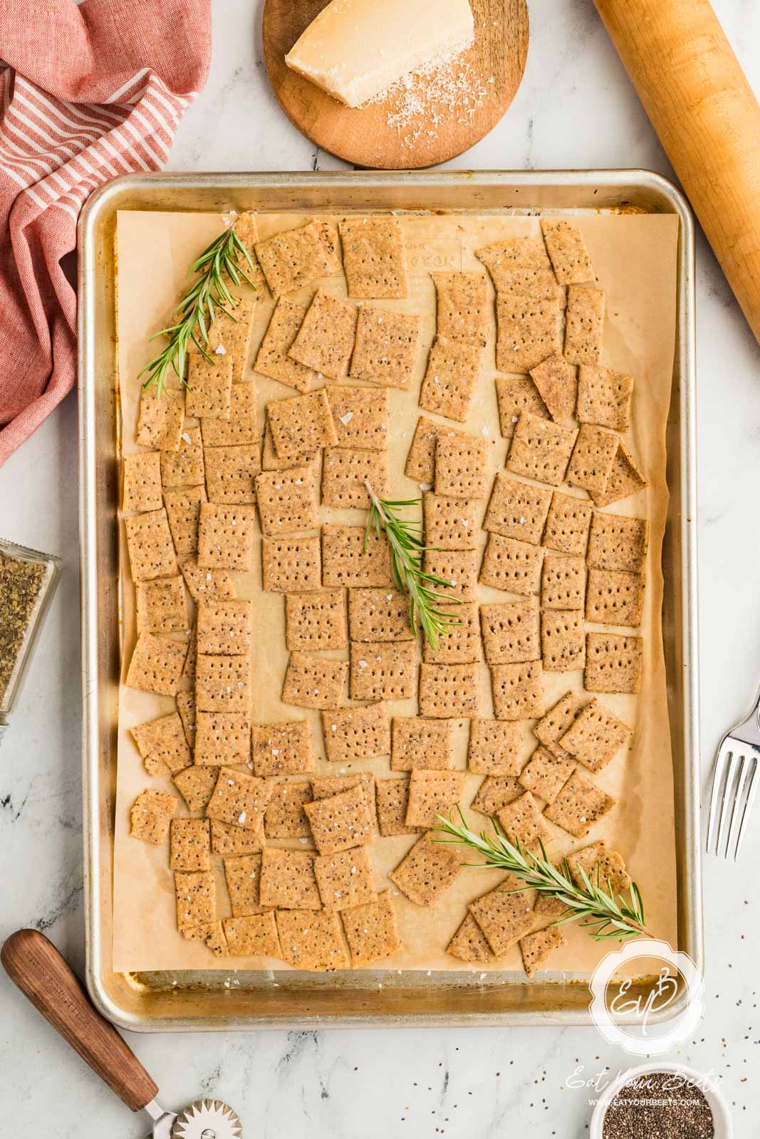 Einkorn crackers on a baking sheet.