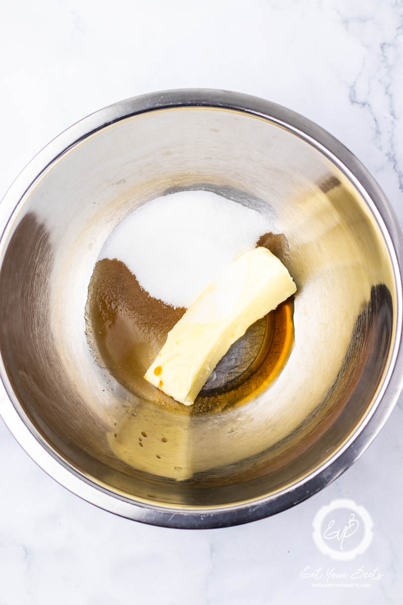Butter, sugar and vanilla in a large bowl.