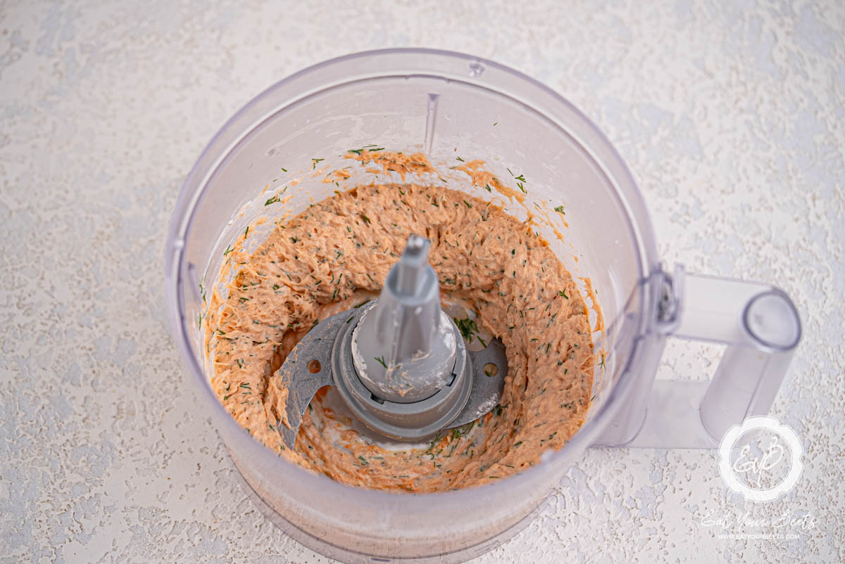 Lemon dill salmon mousse mixture in food processor.