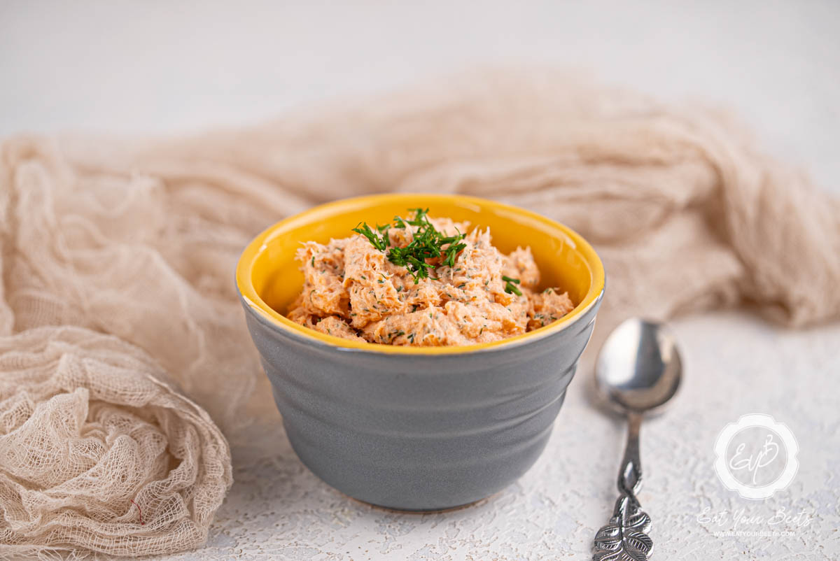Lemon dill salmon mousse in a ramekin.