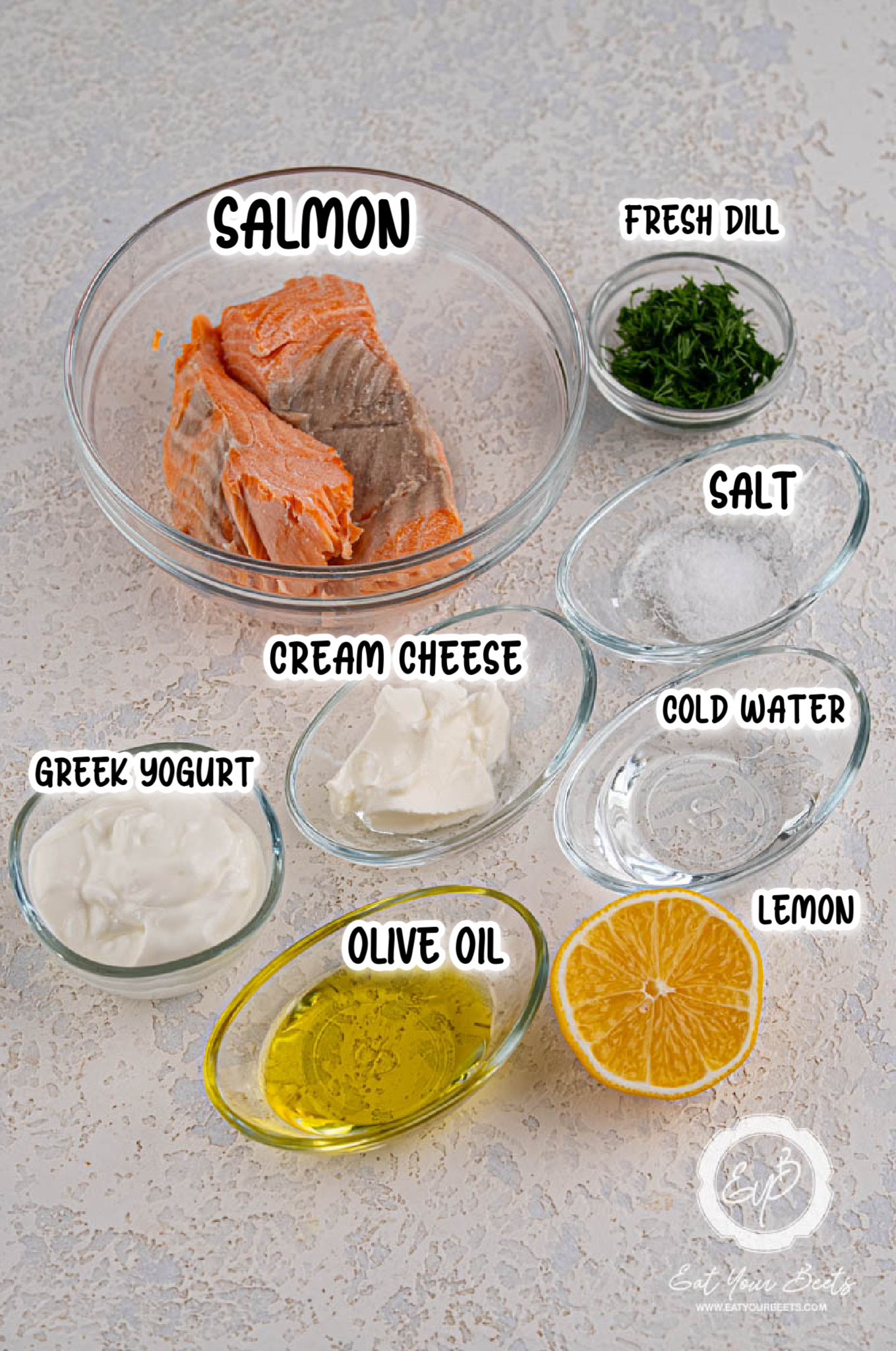 Ingredients for lemon dill salmon mousse.